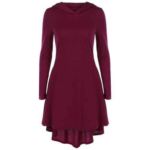 Hooded High Low Hem Dress - Dark Red L