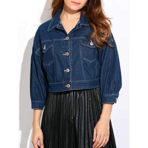 Double Front Pockets Crop Thin Jean Jacket - Deep Blue Xl