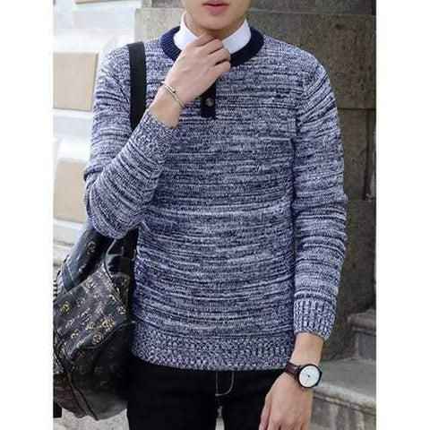 Crew Neck Buttons Design Knit Blends Long Sleeve Sweater - Gray L