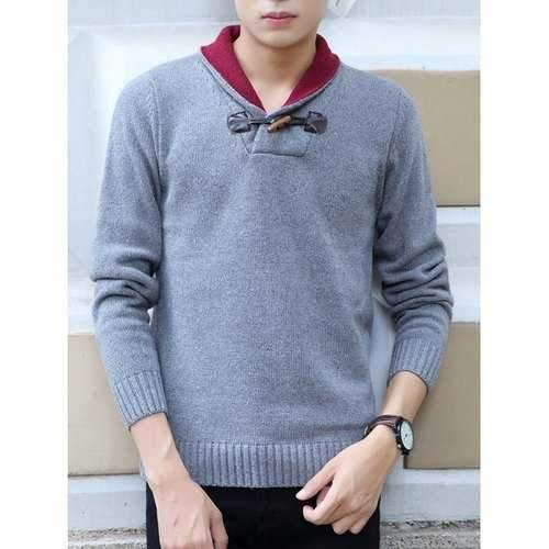 Shawl Collar Horn Button Design Long Sleeve Sweater - Gray M