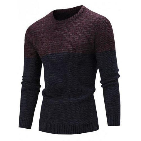 Crew Neck Color Block Textured Sweater - Wine Red L