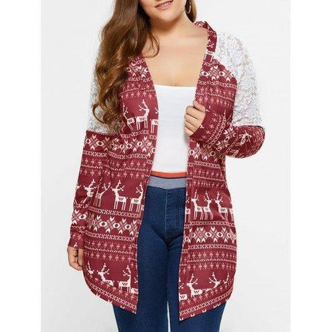 Plus Size Lace Trim Tribal Cardigan - Brown Red 2xl