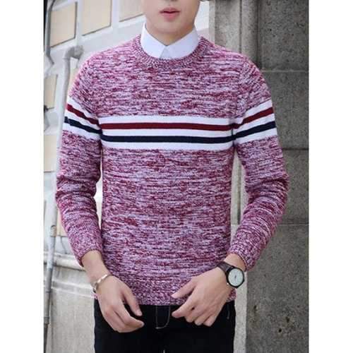 Crew Neck Stripe Design Knit Blends Long Sleeve Sweater - Red Xl