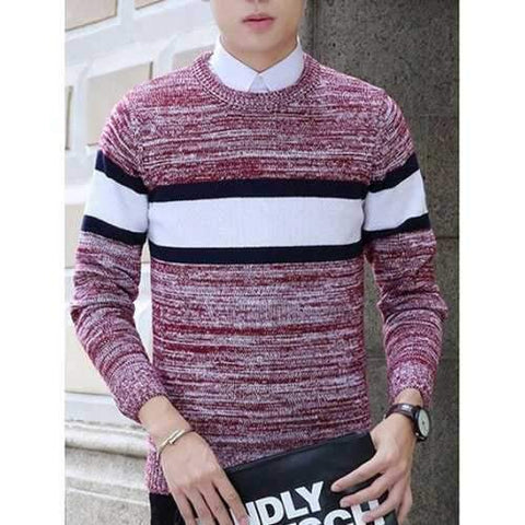 Knit Blends Color Block Stripe Design Long Sleeve Sweater - Red 2xl