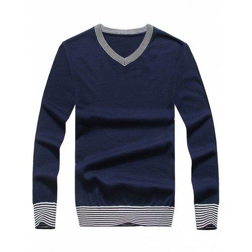 Striped Hem V Neck Pullover Sweater - Deep Blue M