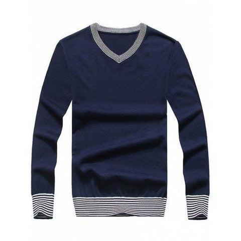 Striped Hem V Neck Pullover Sweater - Deep Blue M