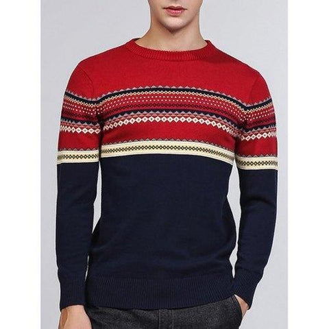 Tribal Pattern Crew Neck Pullover Sweater - Blue M