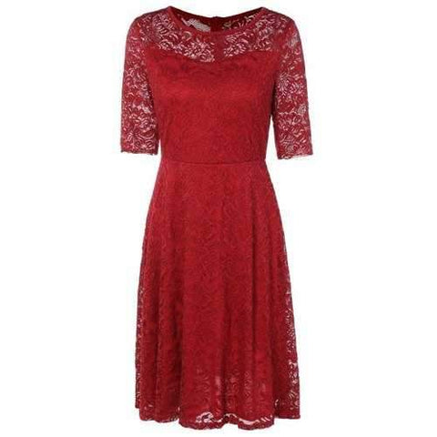 A Line Openwork Lace Midi Dress - Red S