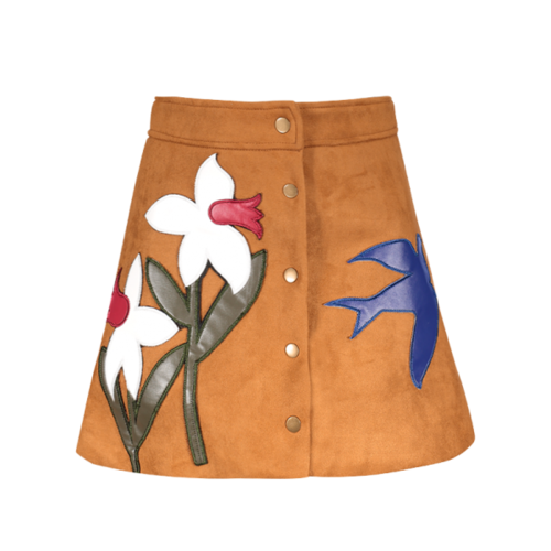 Floral Leather Patch Suede Skirt - Ginger L