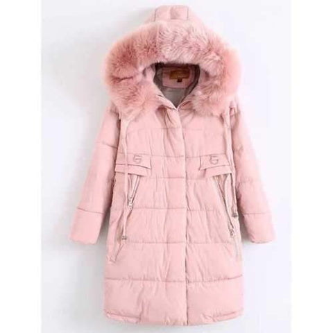 Fur Hooded Padded Coat - Pink M