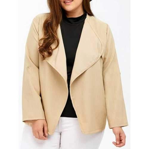 Plus Size Pocket Design Open Front Jacket - Light Khaki Xl