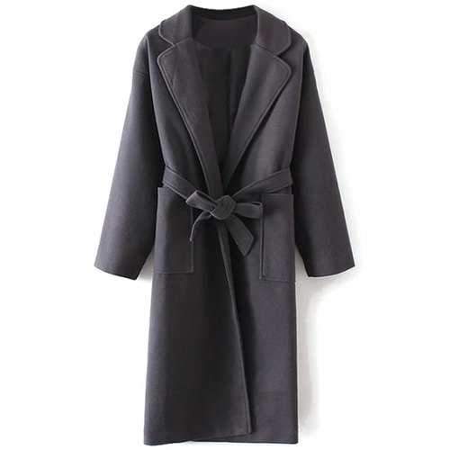 Long Wool Wrap Coat With Pocket - Gray One Size