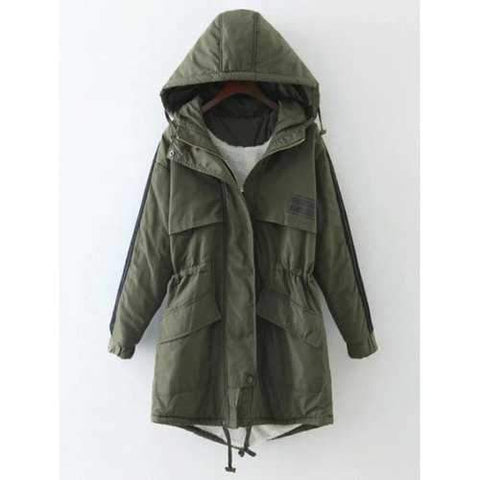 Striped Hooded Drawstring Flocking Jacket - Army Green M