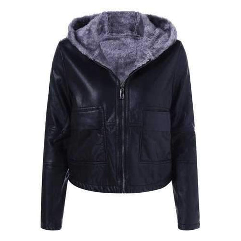 Hooded PU Leather Jacket - Gray M