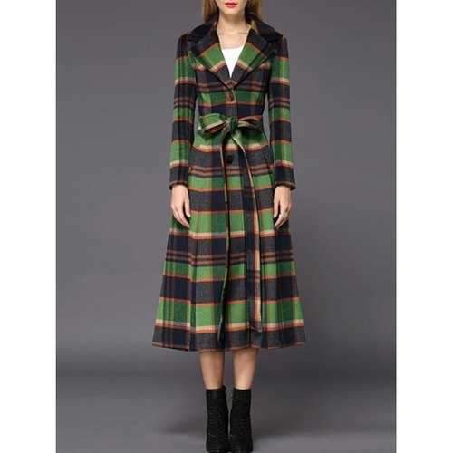 Wool Checked Long Skirted Coat - Green L