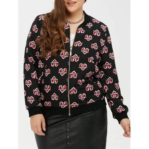 Zipped Heart Print Bomber Jacket - Black 3xl