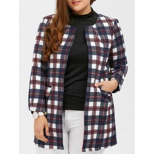 Open Front Flap Pockets Plaid Coat - Plaid 2xl