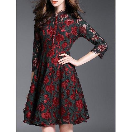 Vintage Flower Buttons Lace Party Dress - Black And Red S