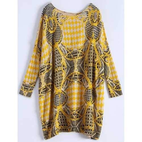 Plus Size Batwing Sleeve Patterned Sweater - Camel One Size