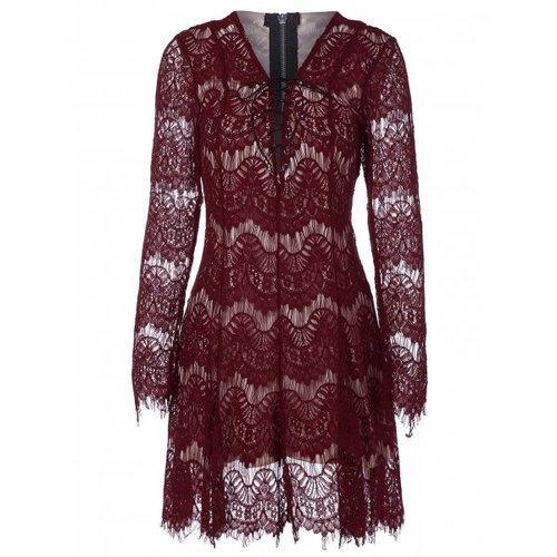 Zip Lace Long Sleeve Criss Cross Dress - Wine Red Xl