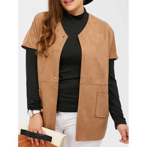 Suede Short Sleeves Jacket with Mock Neck Tee - Camel 3xl