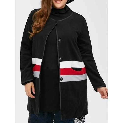 Plus Size Woolen Varsity Striped Long Coat - Black 2xl