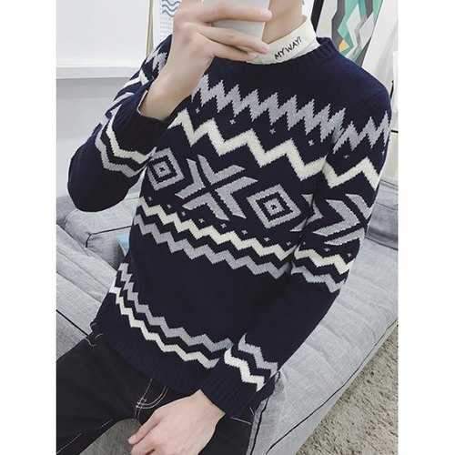 Zigzag Pattern Flat Knitted Crew Neck Sweater - Deep Blue Xl