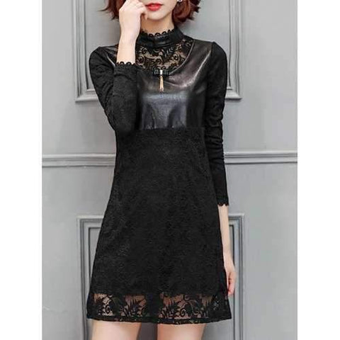 PU Insert Long Sleeves Lace Dress - Black Xl