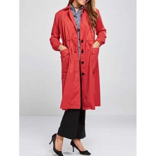 Double Pocket Drawstring Long Coat - Red Xl