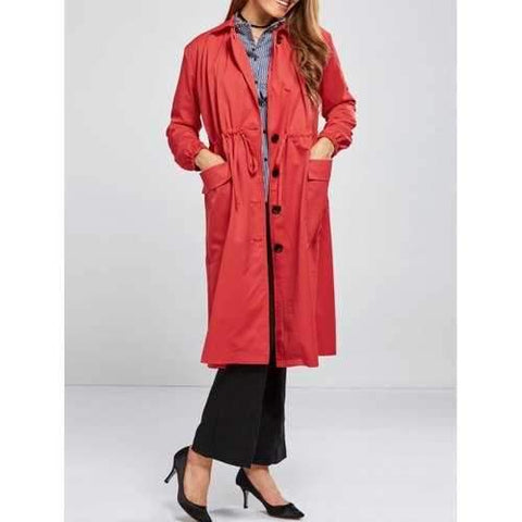 Double Pocket Drawstring Long Coat - Red Xl