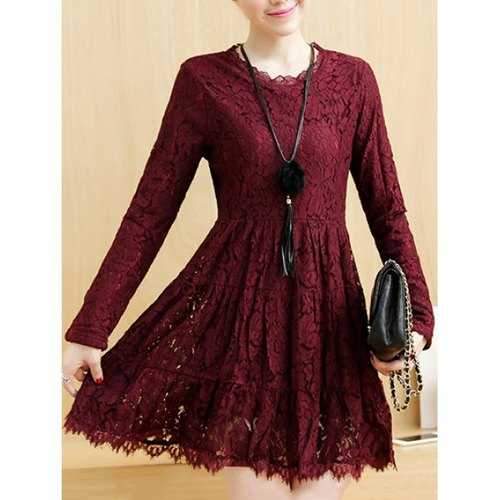 Long Sleeves Short A Line Lace Dress - Wine Red 2xl