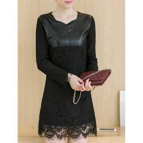 PU Panel Long Sleeves Lace Dress - Black 3xl