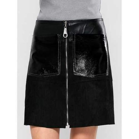 PU Leather Panel A Line Skirt With Pocket - Black L