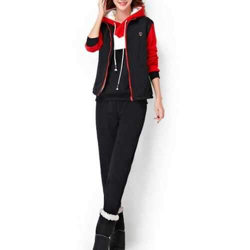 Fleece Hoodie and Vest With Track Pants Set - Red 2xl