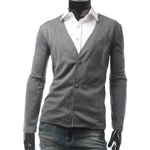 Slim Fit V Neck Button Cardigan - Gray L