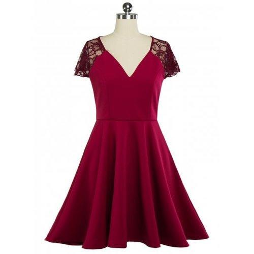 Plunging Neck Lace Panel Swing Skater Dress - Wine Red Xl