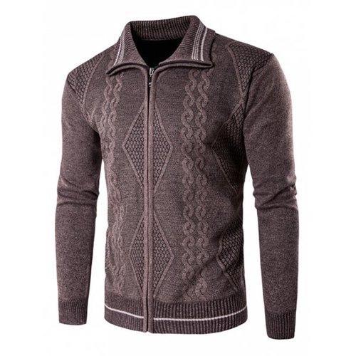 Ribbed Zip Up Jacquard Cardigan - Coffee 2xl