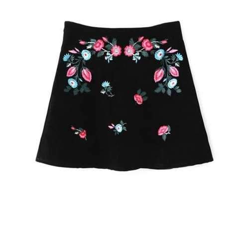 Floral Ethnic Style A-Line Skirt - Black M