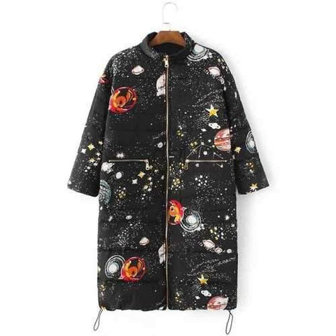 Starry Sky Print Long Puffer Coat - Black L