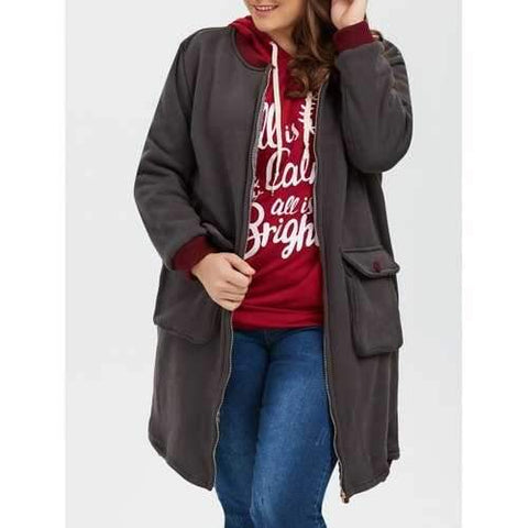 Printed Zip Up Color Block Plus Size Coat - Gray Xl