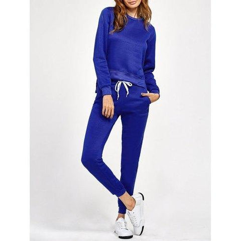 Side Slit High Low Sweatshirt and Pants - Blue S