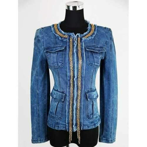 Embellished Zip Up Denim Jacket - Blue M