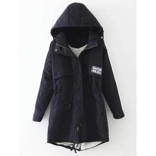 Hooded Drawstring Puffer Coat - Black Xl