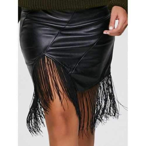 PU Leather Asymmetric Fringe Skirt - Black S