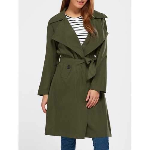 Lapel Wrap Back Slit Long Trench Coat - Army Green L