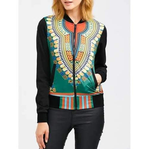 Zip Up Tribal Print Baseball Jacket - Green S