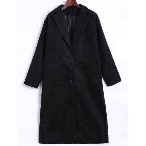 Lapel Two Button Pocket Design Long Coat - Black L