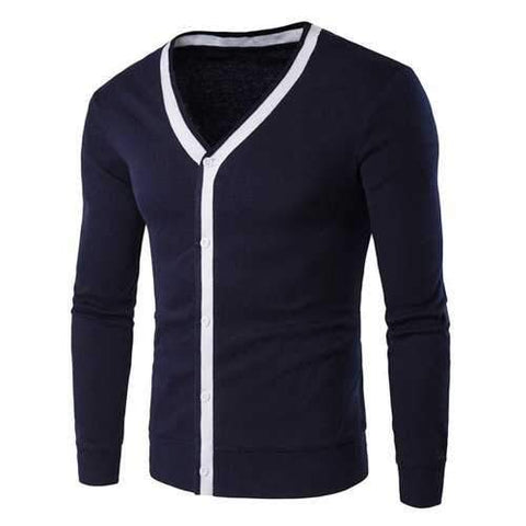 Button Up V Neck Contrast Trim Cardigan - Cadetblue M