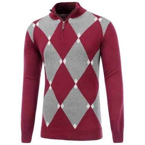 Harlequin Pattern Stand Collar Half Zip Sweater - Red S