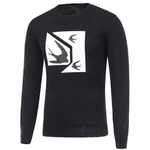 Swallow Print Crew Neck Pullover Sweater - Black 2xl